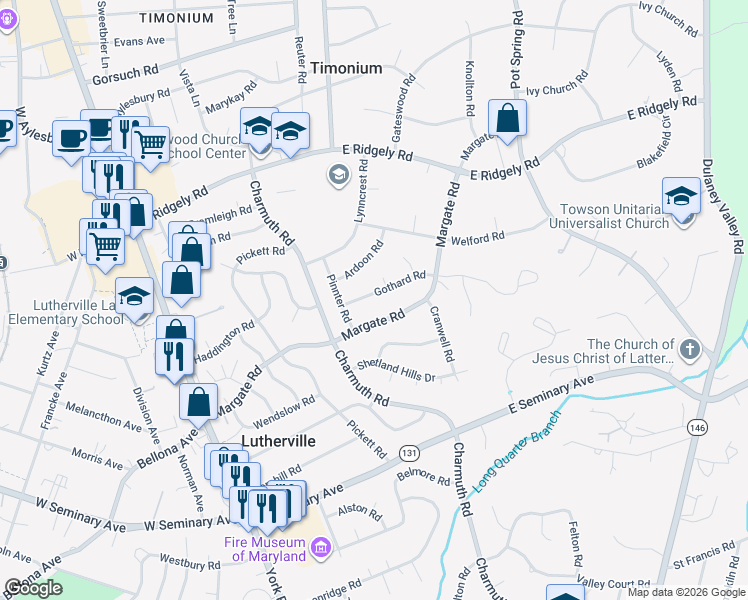 map of restaurants, bars, coffee shops, grocery stores, and more near 109 Gothard Road in Lutherville-Timonium