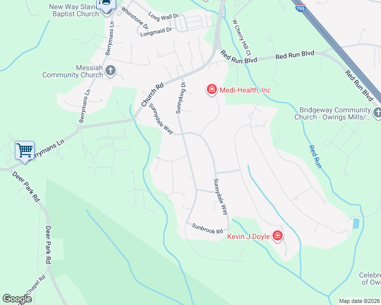 map of restaurants, bars, coffee shops, grocery stores, and more near 105 Sunnyking Drive in Reisterstown