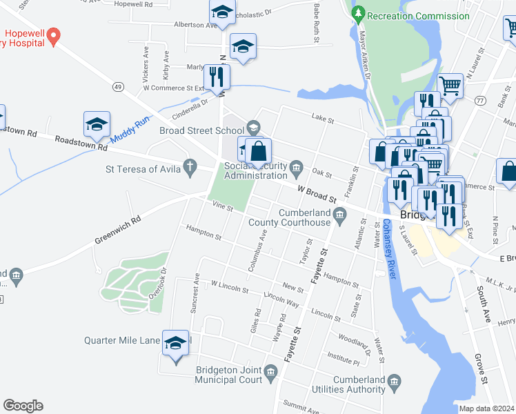 map of restaurants, bars, coffee shops, grocery stores, and more near 207 Vine Street in Bridgeton