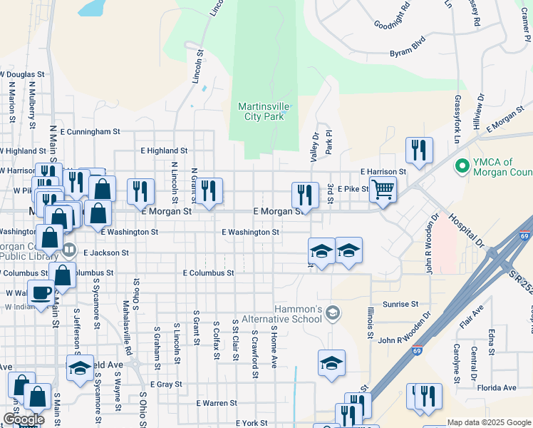 map of restaurants, bars, coffee shops, grocery stores, and more near 1019 East Morgan Street in Martinsville