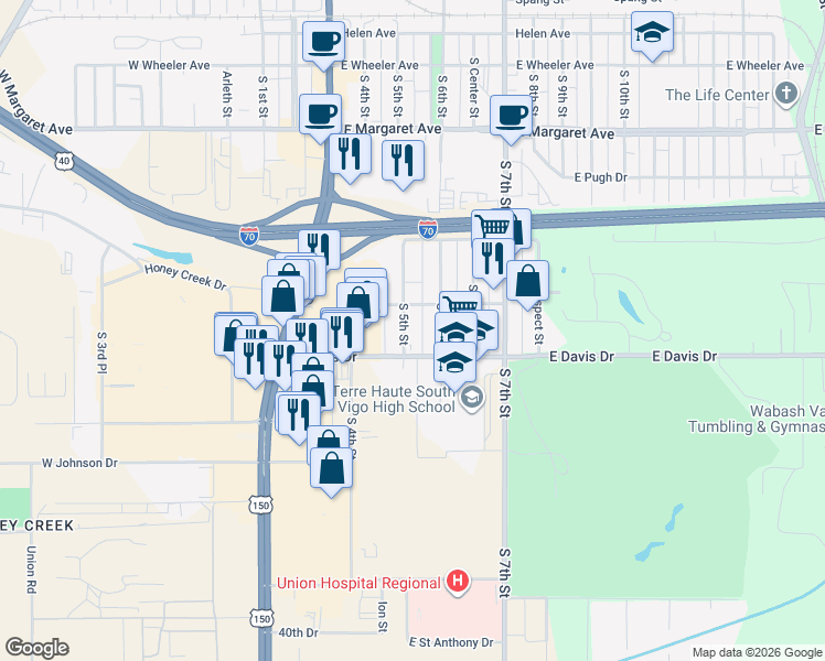 map of restaurants, bars, coffee shops, grocery stores, and more near 3301-3499 South 5th Street in Terre Haute