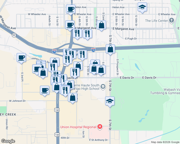 map of restaurants, bars, coffee shops, grocery stores, and more near 3301-3499 South 5th Street in Terre Haute