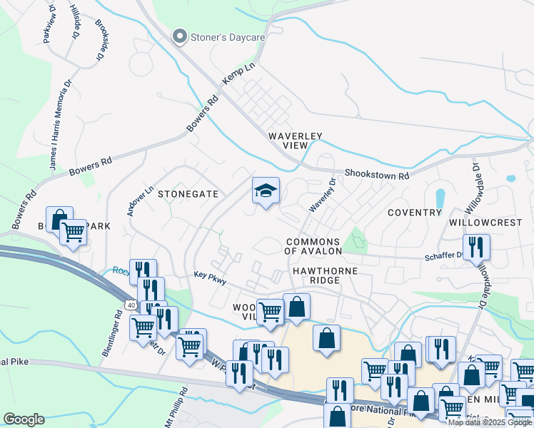 map of restaurants, bars, coffee shops, grocery stores, and more near 201 Waverley Drive in Frederick