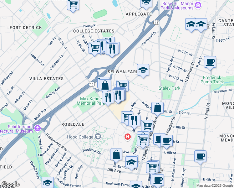 map of restaurants, bars, coffee shops, grocery stores, and more near 1136 Fairview Avenue in Frederick