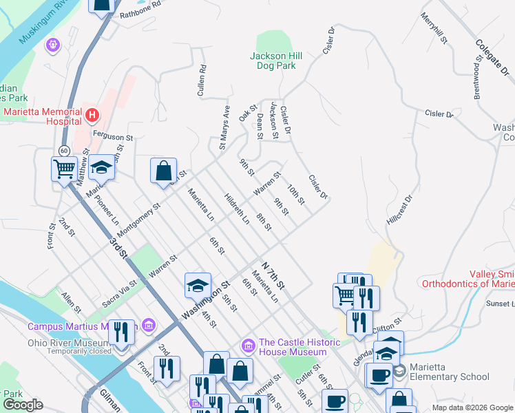 map of restaurants, bars, coffee shops, grocery stores, and more near 627 8th Street in Marietta