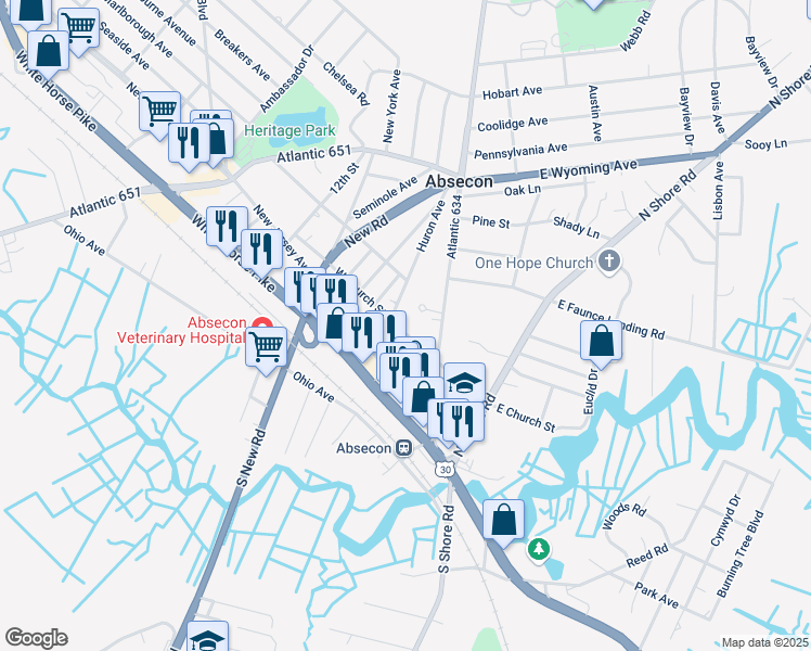 map of restaurants, bars, coffee shops, grocery stores, and more near 130 West Church Street in Absecon