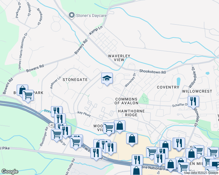 map of restaurants, bars, coffee shops, grocery stores, and more near 201 Schaffer Drive in Frederick