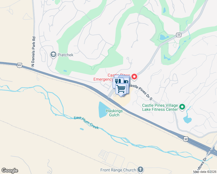 map of restaurants, bars, coffee shops, grocery stores, and more near 870 West Happy Canyon Road in Castle Rock