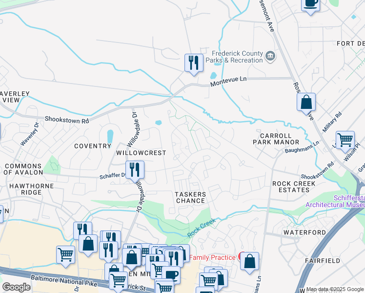 map of restaurants, bars, coffee shops, grocery stores, and more near 1005 Bexhill Drive in Frederick