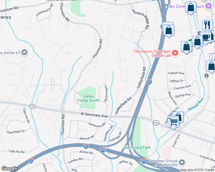 map of restaurants, bars, coffee shops, grocery stores, and more near 8517 Tallwood Road in Timonium