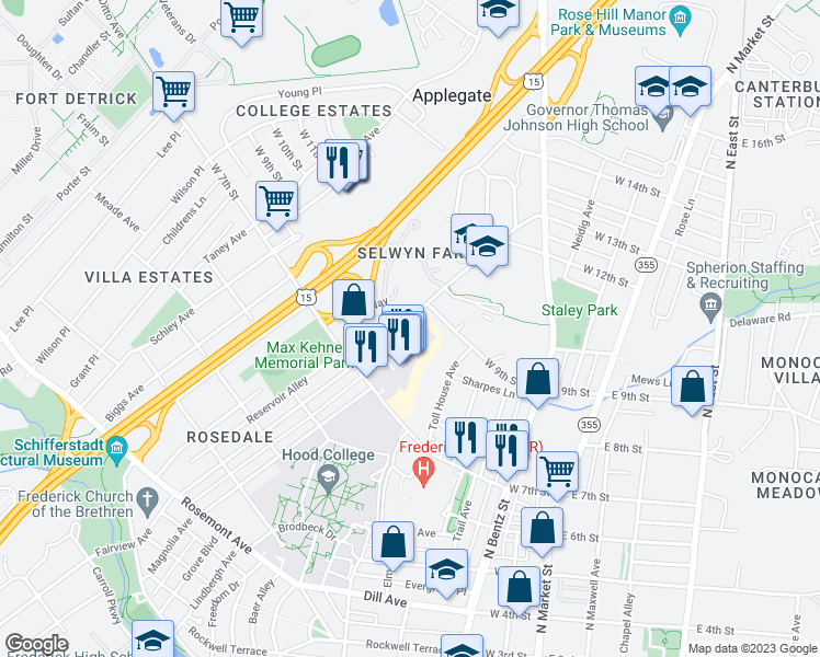 map of restaurants, bars, coffee shops, grocery stores, and more near 1144 Fairview Avenue in Frederick