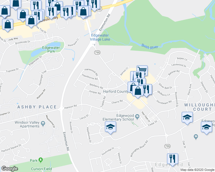 map of restaurants, bars, coffee shops, grocery stores, and more near 2000 Bayberry Road in Edgewood