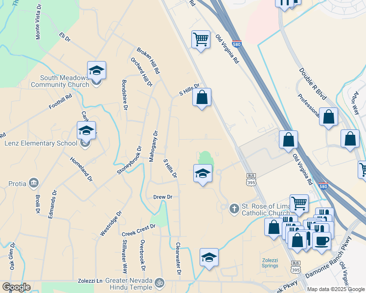 map of restaurants, bars, coffee shops, grocery stores, and more near 12310 Brentfield Drive in Reno