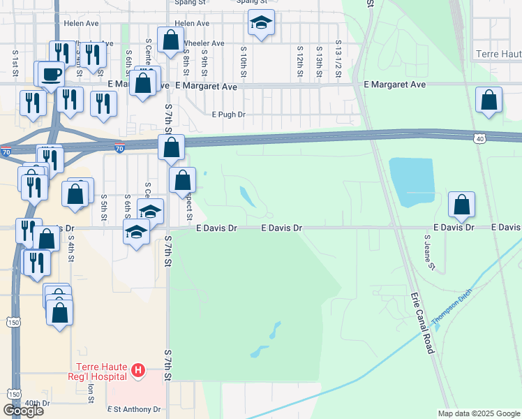 map of restaurants, bars, coffee shops, grocery stores, and more near 1115 East Davis Drive in Terre Haute