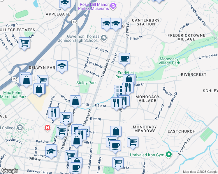 map of restaurants, bars, coffee shops, grocery stores, and more near 1194 Players Circle in Frederick