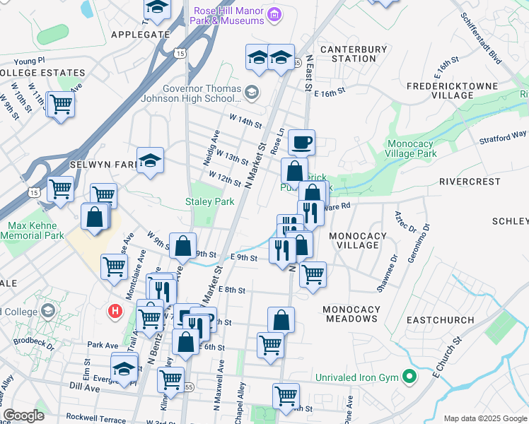 map of restaurants, bars, coffee shops, grocery stores, and more near 1194 Players Circle in Frederick