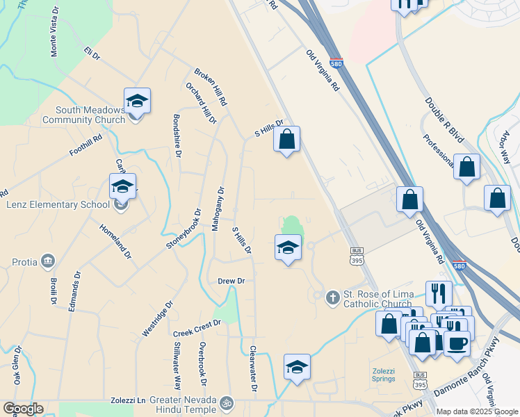 map of restaurants, bars, coffee shops, grocery stores, and more near 12310 Brentfield Drive in Reno
