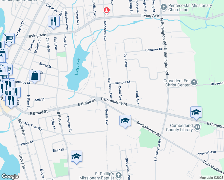 map of restaurants, bars, coffee shops, grocery stores, and more near 33 Manheim Avenue in Bridgeton