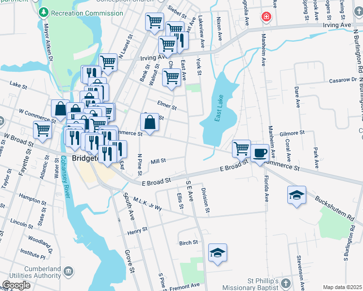 map of restaurants, bars, coffee shops, grocery stores, and more near 318 West Commerce Street in Bridgeton