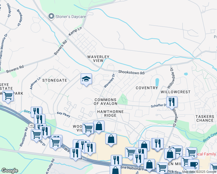 map of restaurants, bars, coffee shops, grocery stores, and more near 412 Waverley Drive in Frederick