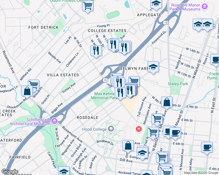 map of restaurants, bars, coffee shops, grocery stores, and more near West 7th Street in Frederick