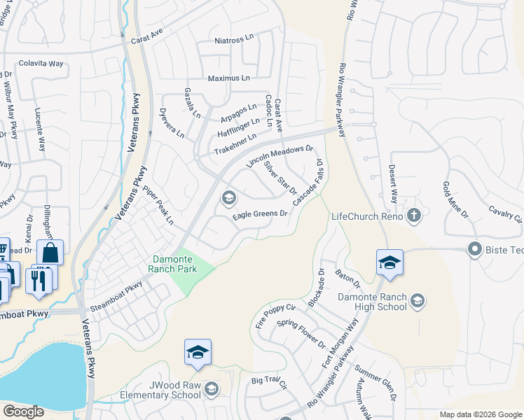 map of restaurants, bars, coffee shops, grocery stores, and more near 2160 Eagle Greens Drive in Reno