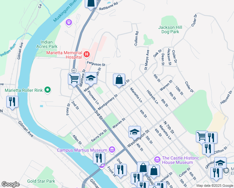 map of restaurants, bars, coffee shops, grocery stores, and more near 734 5th Street in Marietta