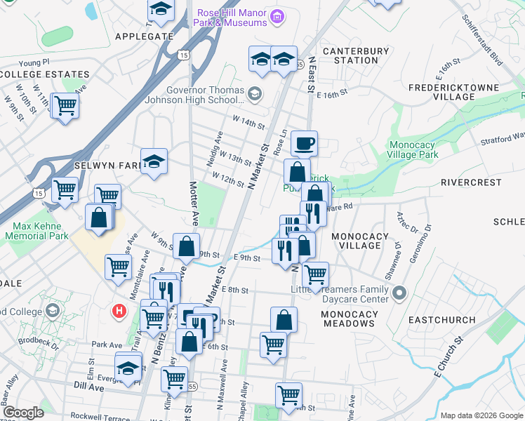 map of restaurants, bars, coffee shops, grocery stores, and more near 1199 Players Circle in Frederick