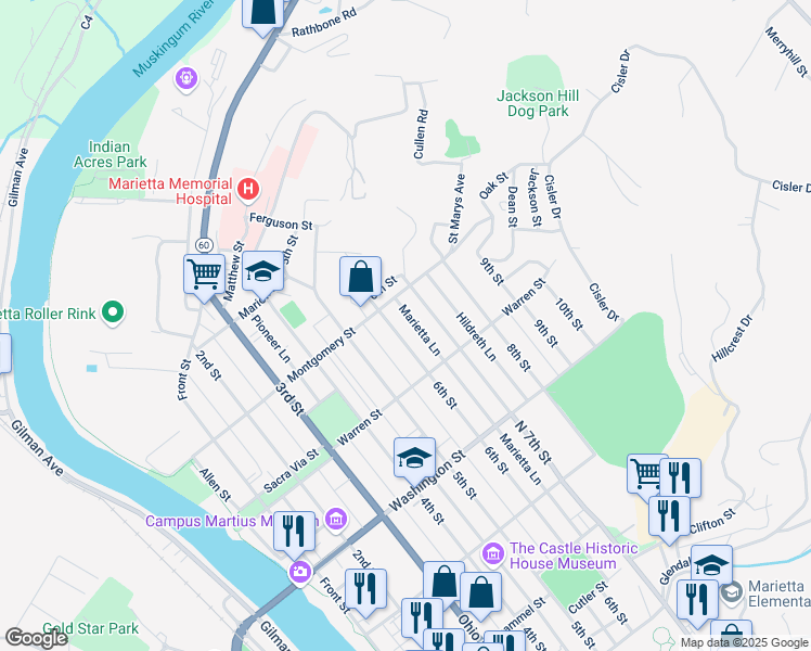 map of restaurants, bars, coffee shops, grocery stores, and more near 701-899 6th St in Marietta