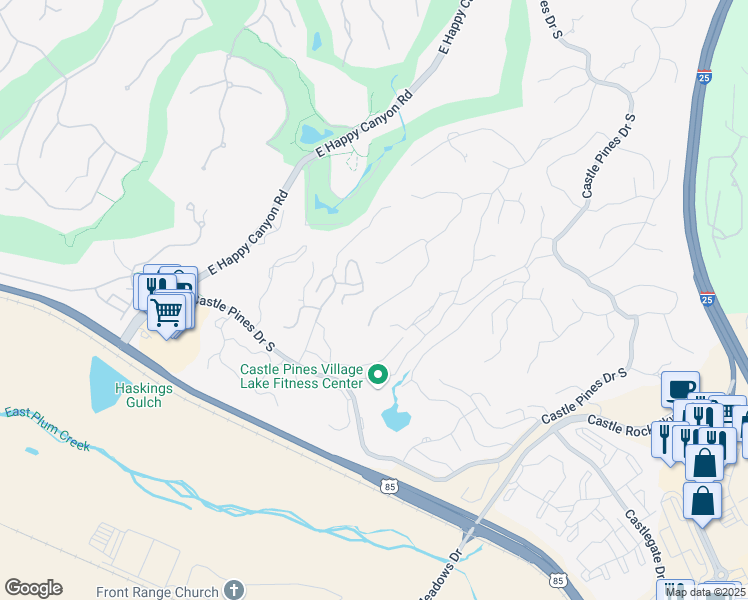 map of restaurants, bars, coffee shops, grocery stores, and more near 355 Morning Star Way in Castle Rock