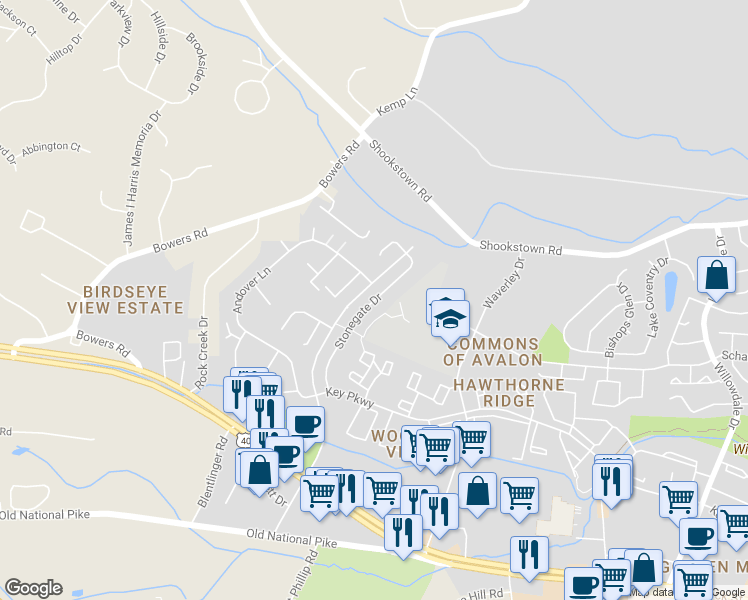 map of restaurants, bars, coffee shops, grocery stores, and more near 164 Stonegate Drive in Frederick