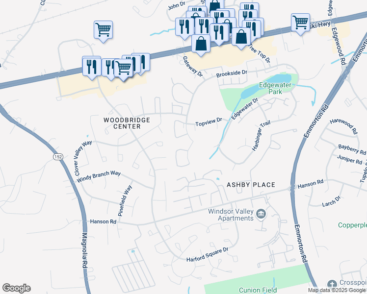 map of restaurants, bars, coffee shops, grocery stores, and more near 832 Windstream Way in Edgewood