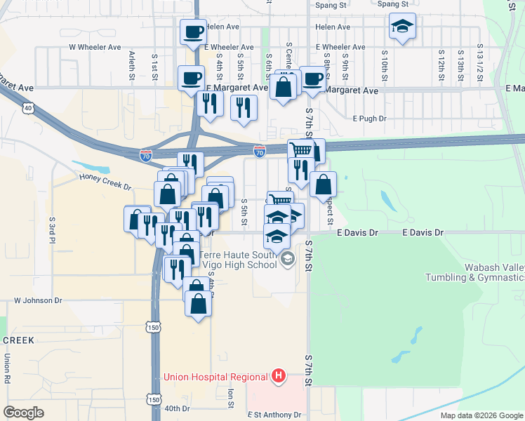 map of restaurants, bars, coffee shops, grocery stores, and more near 3401-3425 S 6th St in Terre Haute