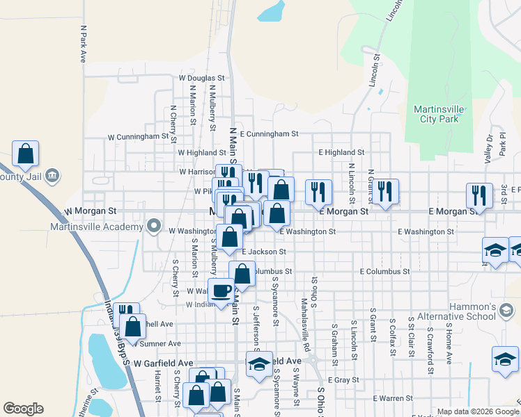 map of restaurants, bars, coffee shops, grocery stores, and more near 65 North Jefferson Street in Martinsville