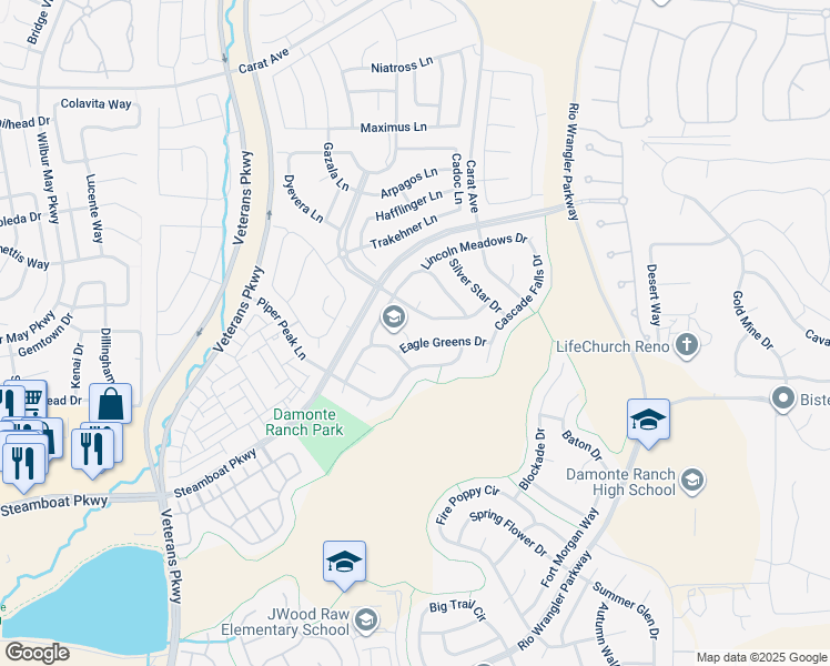 map of restaurants, bars, coffee shops, grocery stores, and more near 2105 Eagle Greens Drive in Reno