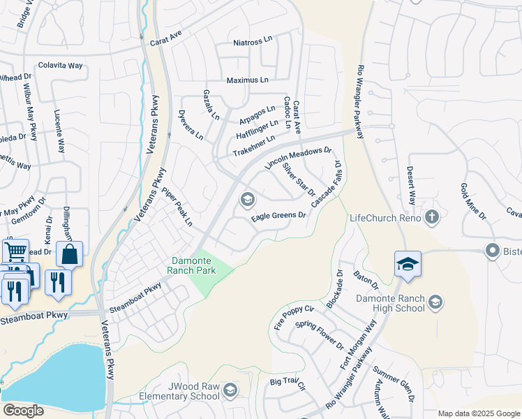 map of restaurants, bars, coffee shops, grocery stores, and more near 2105 Eagle Greens Drive in Reno