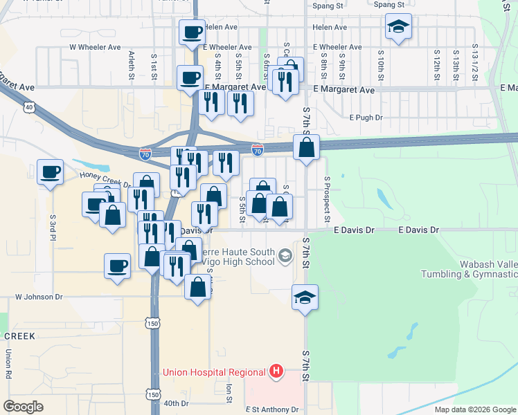 map of restaurants, bars, coffee shops, grocery stores, and more near 3401-3425 S 6th St in Terre Haute