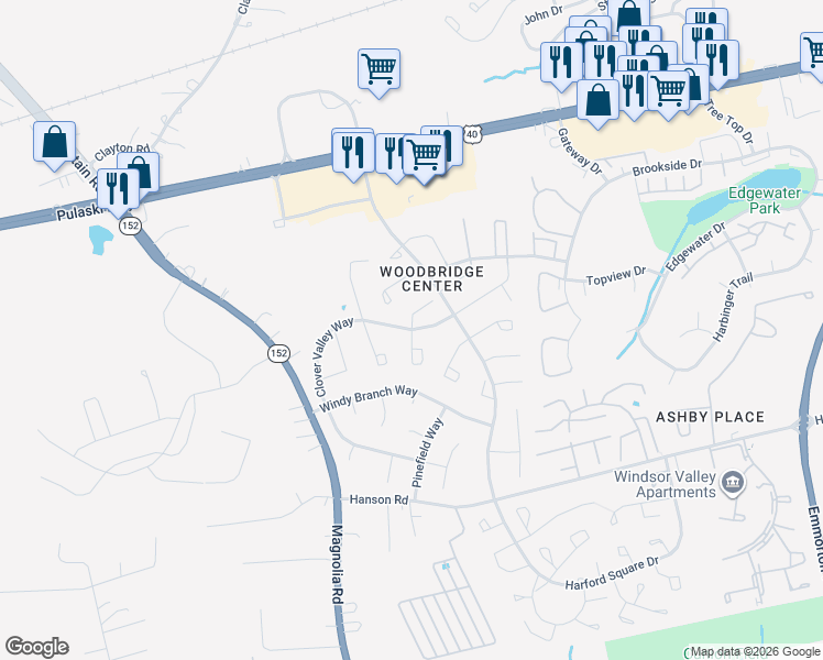 map of restaurants, bars, coffee shops, grocery stores, and more near Clover Valley Way in Edgewood