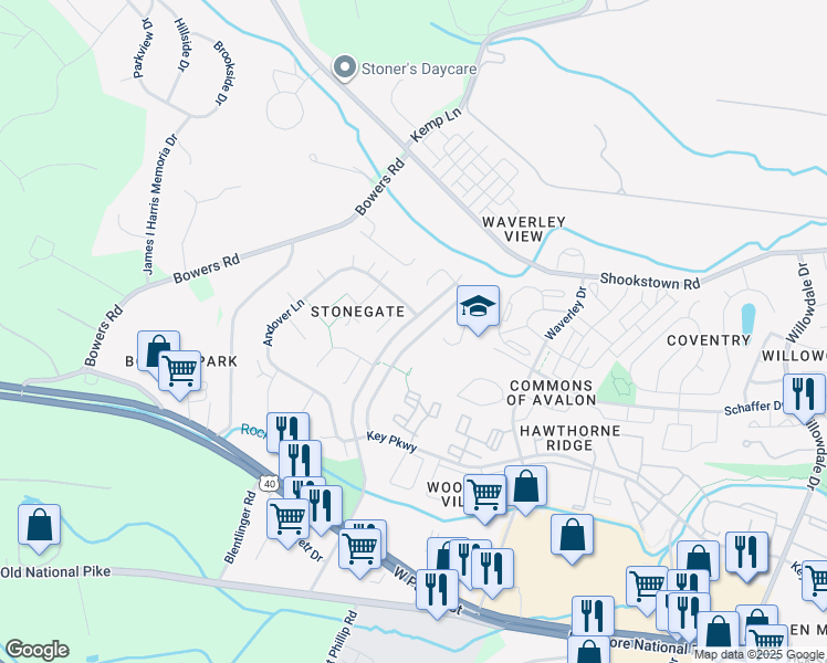 map of restaurants, bars, coffee shops, grocery stores, and more near 171 Stonegate Drive in Frederick