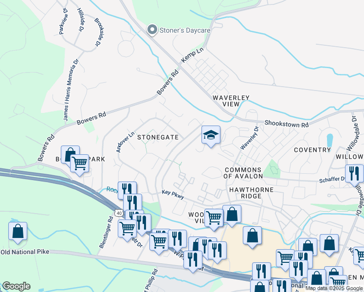 map of restaurants, bars, coffee shops, grocery stores, and more near 171 Stonegate Drive in Frederick