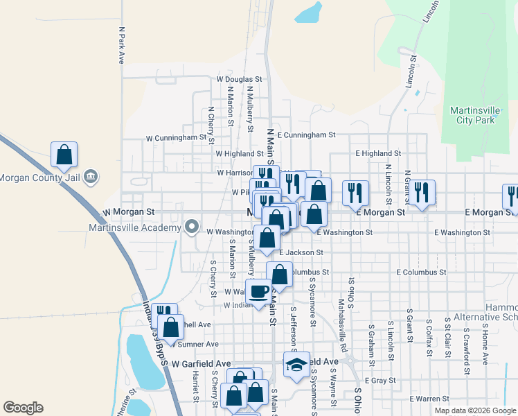 map of restaurants, bars, coffee shops, grocery stores, and more near 60 North Mulberry Street in Martinsville