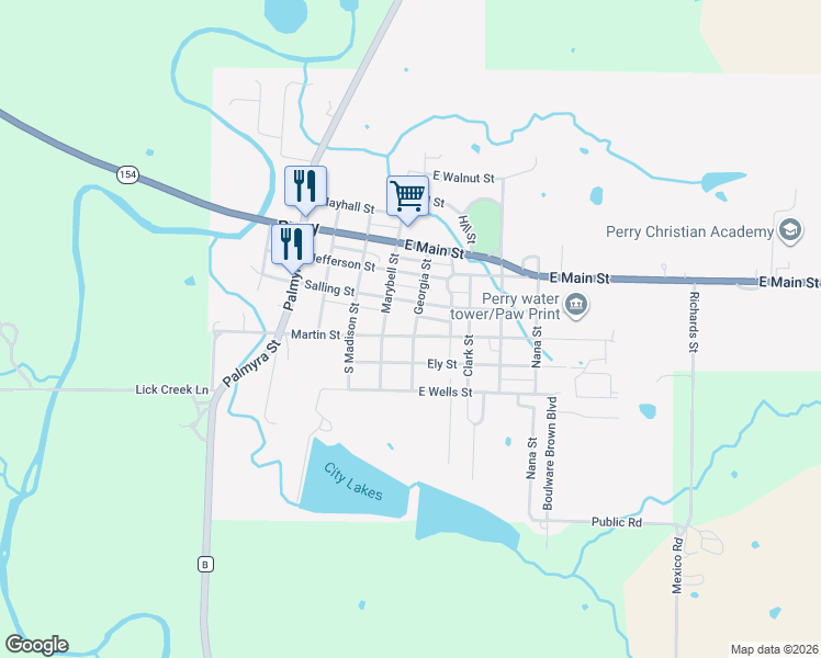 map of restaurants, bars, coffee shops, grocery stores, and more near 408 Martin Street in Perry