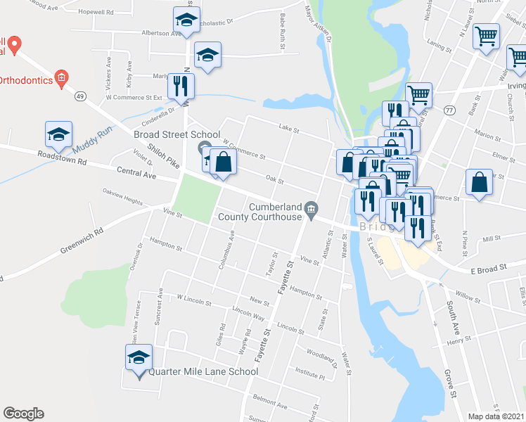 map of restaurants, bars, coffee shops, grocery stores, and more near 72 South Giles Street in Bridgeton
