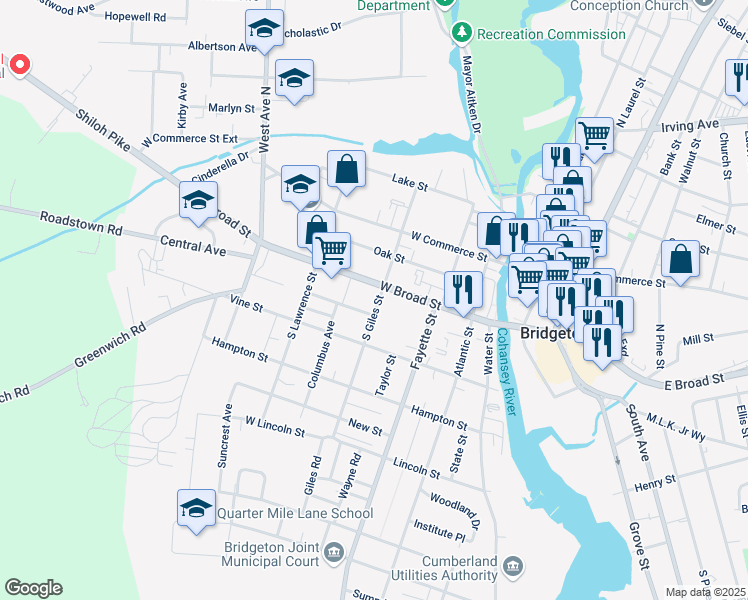 map of restaurants, bars, coffee shops, grocery stores, and more near 72 South Giles Street in Bridgeton