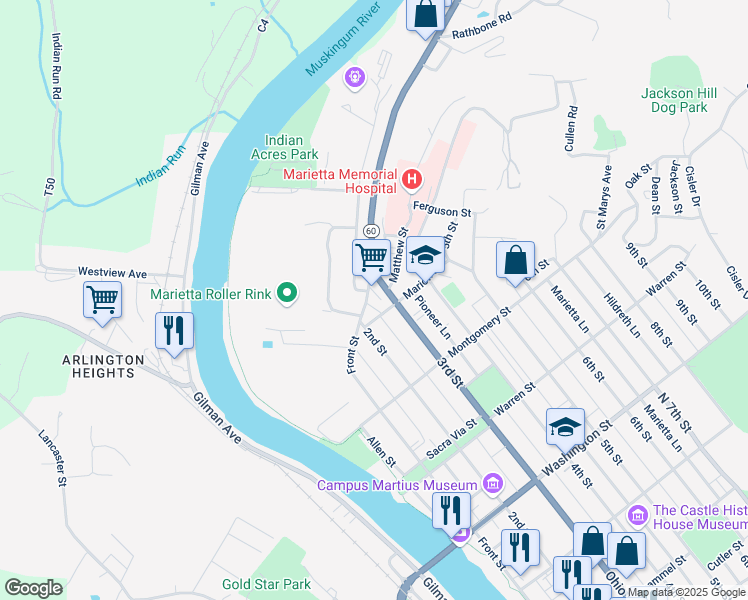 map of restaurants, bars, coffee shops, grocery stores, and more near 900 Front Street in Marietta