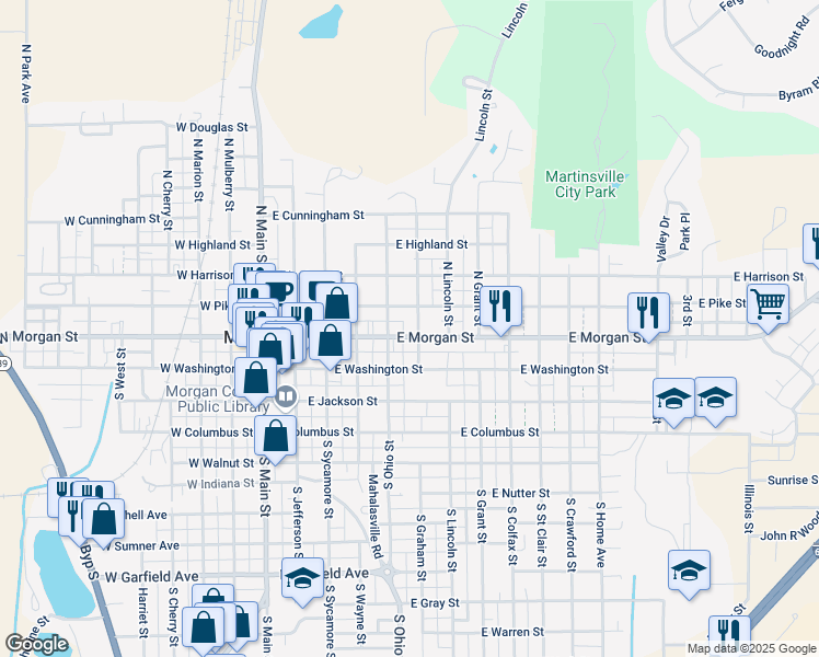 map of restaurants, bars, coffee shops, grocery stores, and more near 489 East Morgan Street in Martinsville