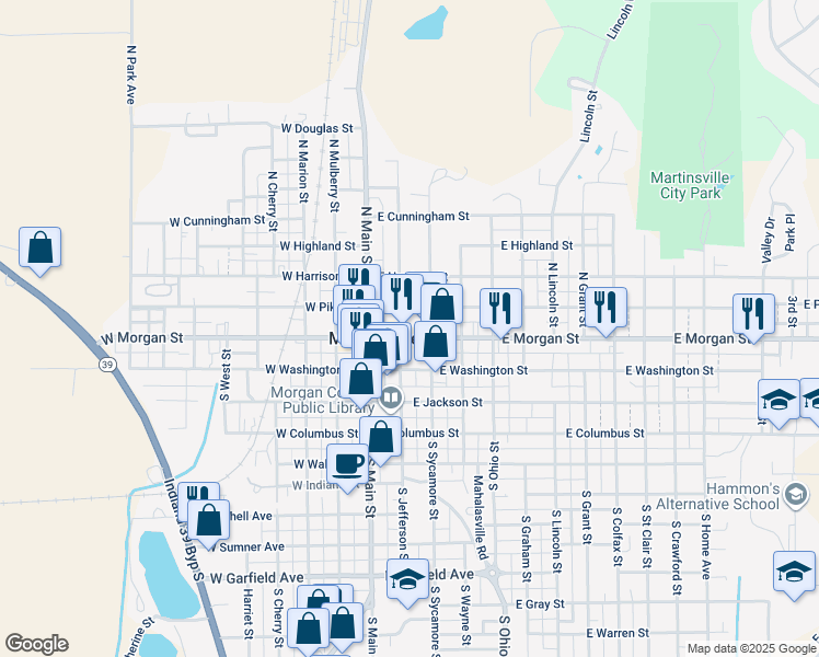 map of restaurants, bars, coffee shops, grocery stores, and more near 65 North Jefferson Street in Martinsville
