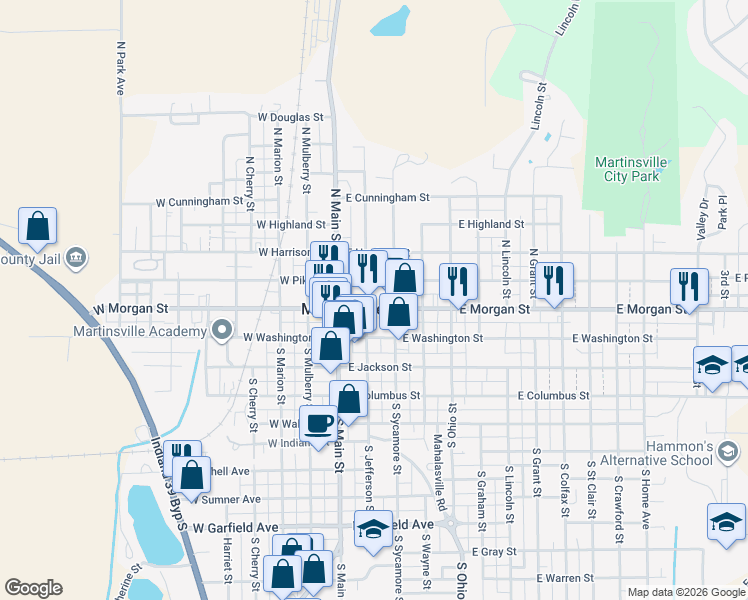 map of restaurants, bars, coffee shops, grocery stores, and more near 65 North Jefferson Street in Martinsville