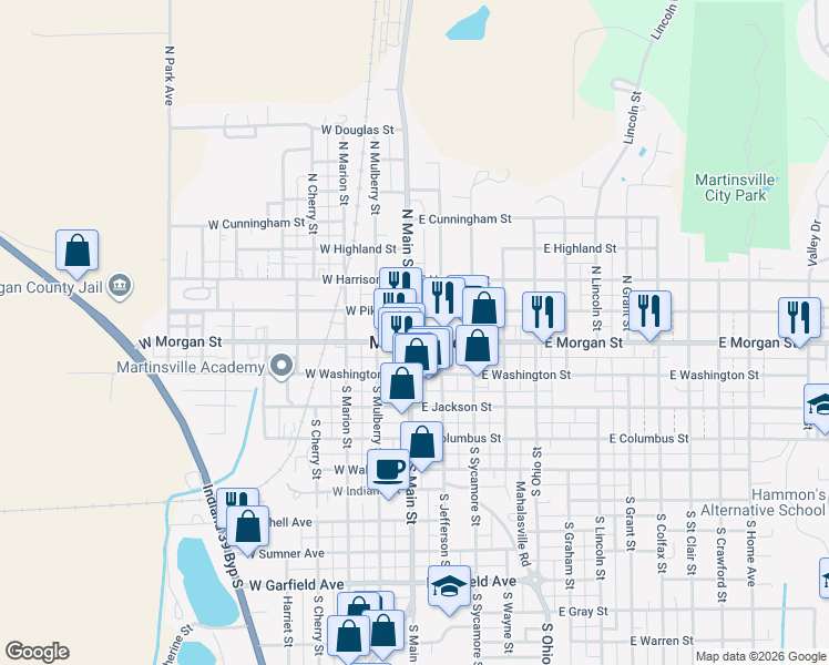 map of restaurants, bars, coffee shops, grocery stores, and more near 10 East Morgan Street in Martinsville