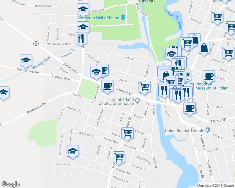 map of restaurants, bars, coffee shops, grocery stores, and more near 70 South Giles Street in Bridgeton